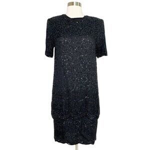 Vintage Brilliante Beaded Silk Dress Size Small Black Tiered Short Sleeve